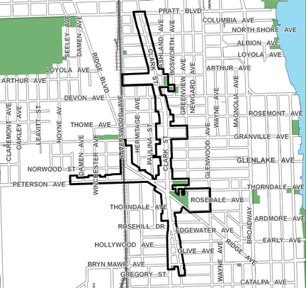 Clark/Ridge Avenue TIF district, roughly bounded on the north by Pratt Boulevard, Gregory Street on the south, Glenwood Avenue on the east, and Seeley Avenue on the west.